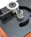 Close-up of Badass Heavy Duty Electric Rebar Bender With 1-1/4 Inch Max Diameter Steel Bending Table Machine 110V 3000W controls and rollers.