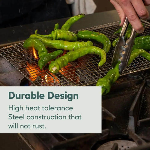 Heavy Duty Stainless Steel Cooling Racks Set Of 2 For Half Sheet Pans, shown roasting peppers over flame, highlighting heat tolerance.