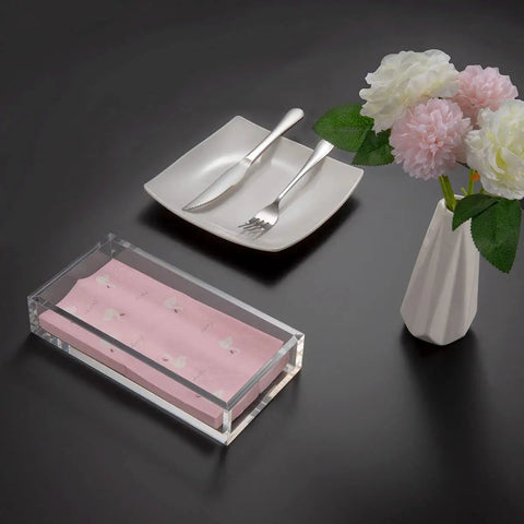Crystal Clear Acrylic Napkin Holder Tray With 8mm Thick Build, Inner 8.3 By 4.7 By 2.2 Inches on table with pink napkins