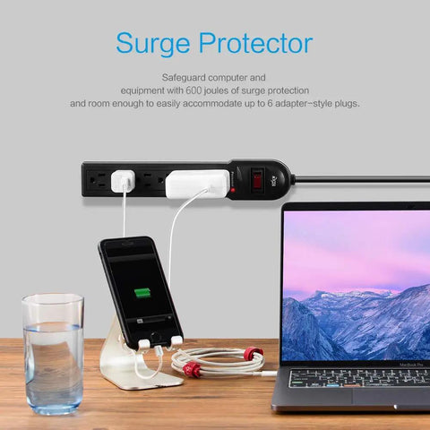 Six Outlet Surge Protector Power Strip With 735 Joules Of Surge Protection Overload Shield Two Foot Cord Multipack Of Ten used with devices
