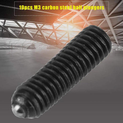 Deadset Strong M3 Hex Socket Spring Ball Plungers, 20 Piece Carbon Steel Fastener Set With Durable Black Oxide Finish, close-up view.