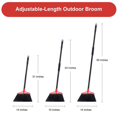 Beefy Heavy Duty Angle Broom With 55 Inch Adjustable Iron Handle And Stiff Bristles for Indoor Outdoor Cleaning, sizes shown.