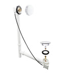 No Sweat Installation 27 Inch Cable Drive Bath Drain Trim Kit Featuring Top Shelf Brass Rotary Overflow Knob And Secure Pop Up Stopper For Stress Free Plumbing Fixes White displaying components.