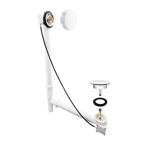 No Sweat Installation 27 Inch Cable Drive Bath Drain Trim Kit Featuring Top Shelf Brass Rotary Overflow Knob And Secure Pop Up Stopper For Stress Free Plumbing Fixes White displaying components.