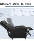 Massage Recliner Chair For Your Living Room Adjustable PU Leather With Footrest Ergonomic Home Theater Seating For Adults Black Leather With Built In Massage Function For Full Back And Leg Relaxation in reclining positions diagram