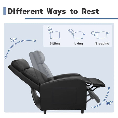 Massage Recliner Chair For Your Living Room Adjustable PU Leather With Footrest Ergonomic Home Theater Seating For Adults Black Leather With Built In Massage Function For Full Back And Leg Relaxation in reclining positions diagram
