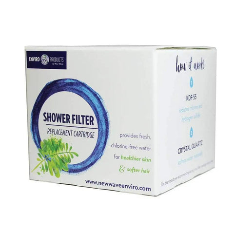 Shower Filter Replacement Cartridge box with instructions and benefits for Enviro Shower Filter Systems, reduces chlorine.