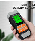 Pro Grade 4 In 1 Wall Scanner Stud Finder With Built In Metal Detector Ac Wire Locator showing moisture detection screen.