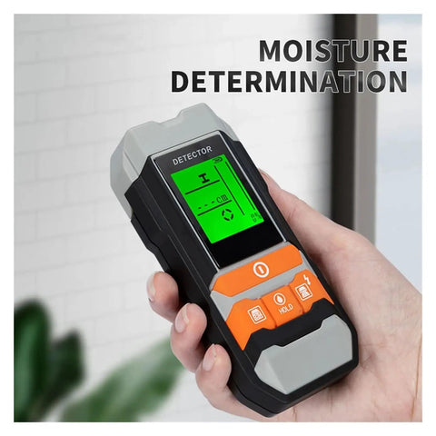 Pro Grade 4 In 1 Wall Scanner Stud Finder With Built In Metal Detector Ac Wire Locator showing moisture detection screen.