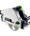 Heavy Duty Plunge Cut Saw With Precision Anti Splinter Guard And Aluminum Guide Rail For Dead On Straight Lines Like A Boss close-up view showing disc and controls.