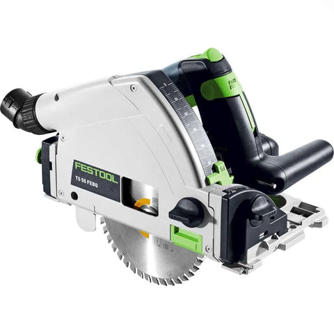 Pro Shop Ready Track Saw Delivering Heavy Duty Performance With 1200 Watt Motor And Hella Precise Negative One To Forty Seven Degree Bevel Cuts Plus Smooth Operation Guide Rail System close-up of the saw with adjustable depth and angle settings.