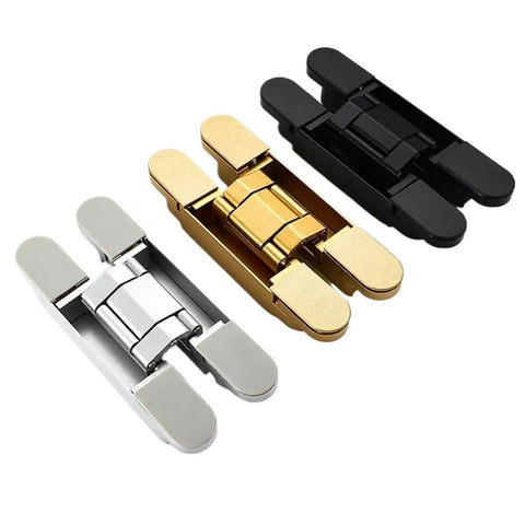 Kick Your Closet Upgrades With This Pair Of 3D Adjustable Hidden Door Hinges Featuring Slick Silver Finish And Heavy Duty Build For No Mess Installation And Butter Smooth Swings, showing silver, gold, and black finishes.
