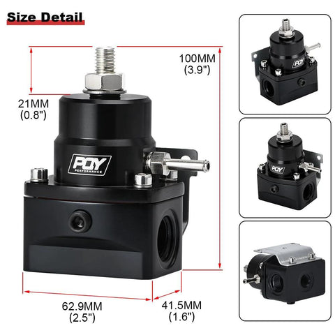 PQY adjustable EFI fuel pressure regulator kit, black with AN8 feed and AN6 return ports, front view.