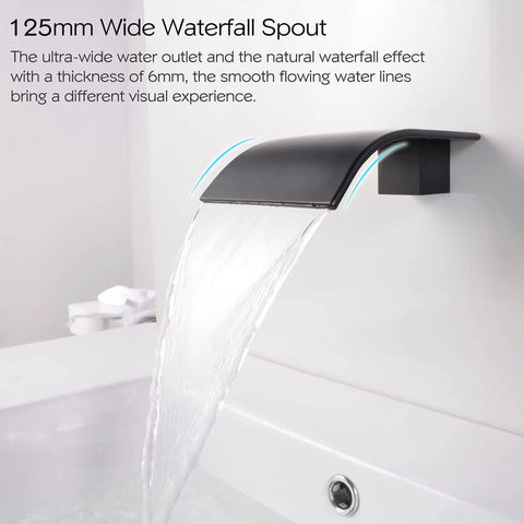 Matte Black Waterfall Wall Mount Faucet For Tub And Sink Brass Bath Filler Tap wall-mounted showing water flow in bathroom setting