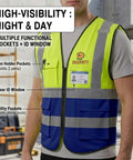 Hella High Visibility Safety Vest Featuring Fully Customizable Team Logos And Heavy Duty Reflective Strips Perfect For Construction Crews And Night Shifts with pen holder pockets and ID window.
