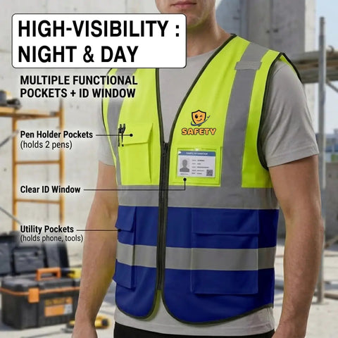 Hella High Visibility Safety Vest Featuring Fully Customizable Team Logos And Heavy Duty Reflective Strips Perfect For Construction Crews And Night Shifts with pen holder pockets and ID window.