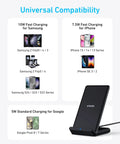 Image showing Wireless Charging Stand For Galaxy And iPhone Qi Certified 10W Fast Charging For Samsung Galaxy 7.5W For iPhone No AC Adapter Included Easy Desk Or Nightstand Setup with universal compatibility for Samsung, iPhone, and Google devices.