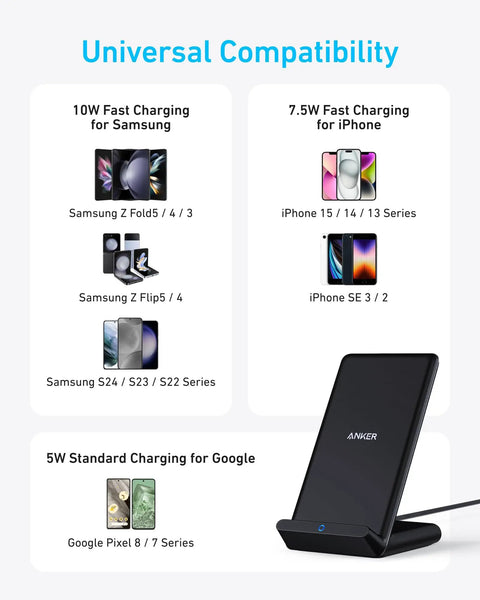 Image showing Wireless Charging Stand For Galaxy And iPhone Qi Certified 10W Fast Charging For Samsung Galaxy 7.5W For iPhone No AC Adapter Included Easy Desk Or Nightstand Setup with universal compatibility for Samsung, iPhone, and Google devices.