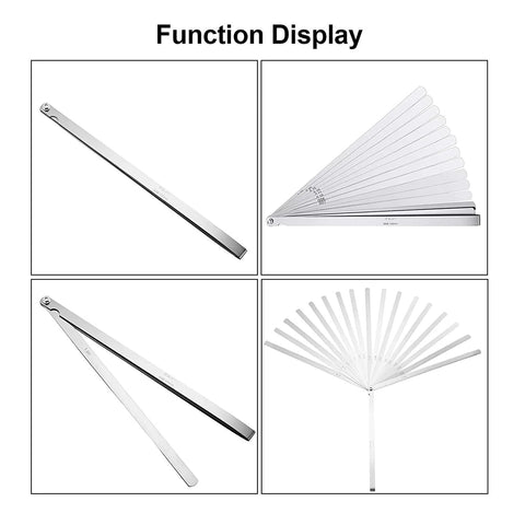 Stainless steel feeler gauge set with 17 blades, dual metric and imperial markings (0.02–1.00 mm).
