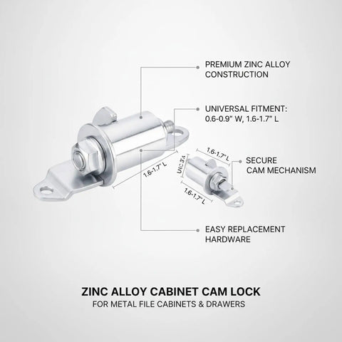 Diagram of Zinc Alloy Cam Lock Replacement For Metal File Cabinets Drawers And Tool Chests showing dimensions and features.