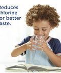 Child drinking from a glass showing benefits of the 7-Cup Water Filter Pitcher With Faster Filtration, LockFit Cap, NSF Certified.
