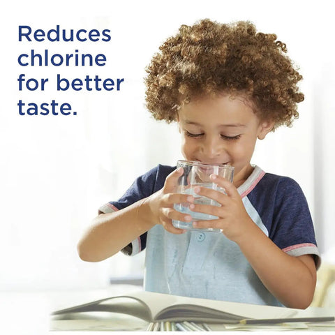 Child drinking from a glass showing benefits of the 7-Cup Water Filter Pitcher With Faster Filtration, LockFit Cap, NSF Certified.