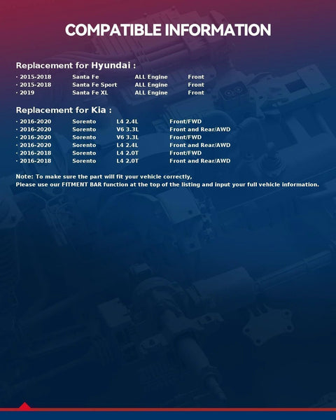 Compatibility information for Hyundai Santa Fe 2015-2019 and Kia Sorento 2016-2020 models.