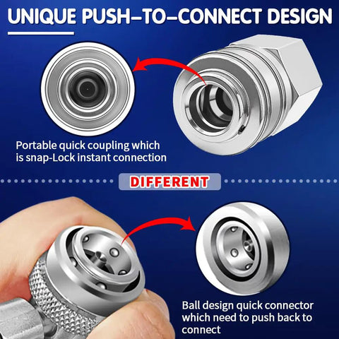 Comparison of portable snap-lock quick coupling and ball design quick connector from 3-Piece RV Exterior Shower Quick-Connect Kit