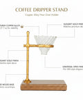 Heavy Copper Alloy Pour Over Coffee Dripper Stand For Kitchen Counter Hella Steady Cone Filter Holder, sturdy design with wood base.