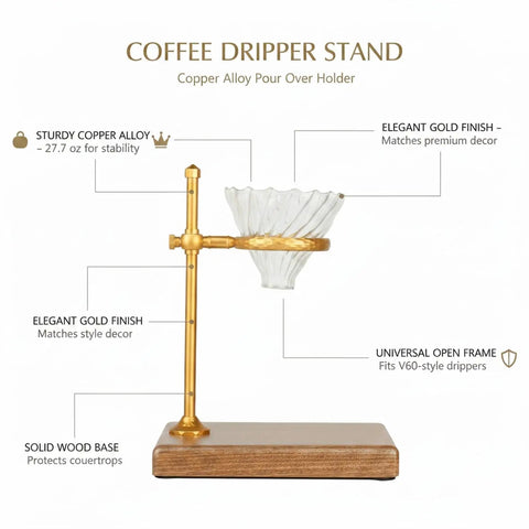 Heavy Copper Alloy Pour Over Coffee Dripper Stand For Kitchen Counter Hella Steady Cone Filter Holder, sturdy design with wood base.