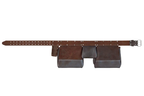 12 Pocket Oil Tanned Leather Tool Belt For Builders And DIYers with adjustable strap, two hammer loops, and multiple pockets.