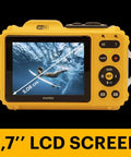 Rugged Waterproof Digital Camera With 50 Feet Depth Rating, 16MP Sensor, 4X Optical Zoom, Yellow, rear LCD screen view