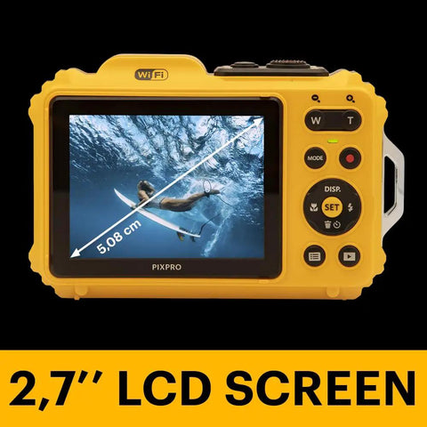 Rugged Waterproof Digital Camera With 50 Feet Depth Rating, 16MP Sensor, 4X Optical Zoom, Yellow, rear LCD screen view