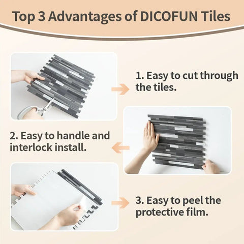Steps demonstrating installation of Peel And Stick Backsplash Tile Set With Black And Grey Wood Grain Look PVC Mixed Metal Finish
