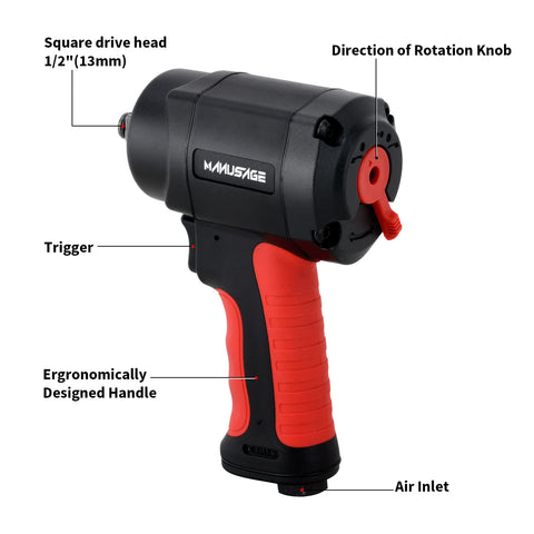 Compact Half Inch Air Impact Wrench Delivers Up To 700 Ft-Lb Max Torque, 450 Ft-Lb Working Torque, And 9000 RPM, labeled features