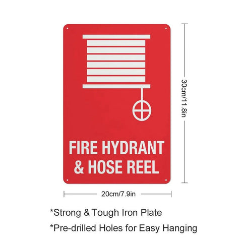 Outdoor Emergency Fire Hydrant And Hose Reel Safety Sign 8x12 Inch Wall Plaque, red sign with white hydrant and hose icon, pre-drilled holes.