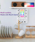 Wall Outlet Shelf With Night Light And 6 AC Outlets, 3 USB Ports, Surge Protector, shelf holding speaker and phone