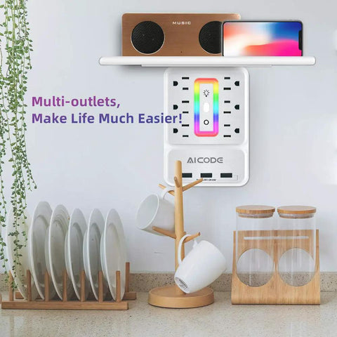 Wall Outlet Shelf With Night Light And 6 AC Outlets, 3 USB Ports, Surge Protector, shelf holding speaker and phone