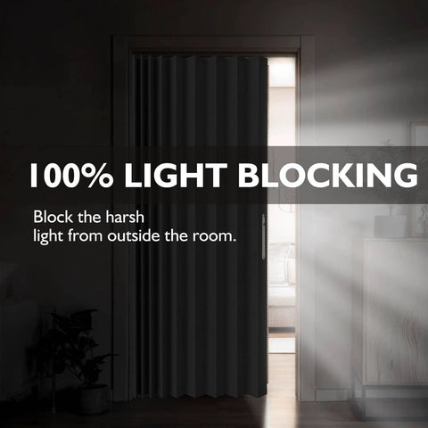 Accordion Door Curtain with Adhesive Track 100 Percent Blackout for Bedroom Closet or Room Divider installed on doorway.