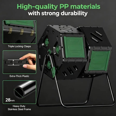 Heavy Duty 45 Gallon Plastic Compost Bin With Dual Chamber Rotating Tumbler, 2 Sliding Doors, Adjustable Air Vents