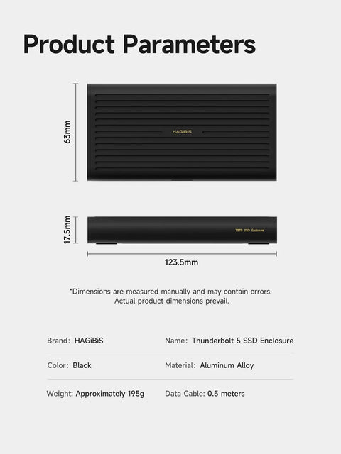 Blazing 80Gbps M.2 Nvme Ssd Enclosure shown with dimensions, featuring black aluminum design, suitable for fast external storage setup.