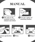 Instruction manual showing steps for applying Self Adhesive Leather Repair Patch 54x20 Inch Khaki Stick On No Sew.
