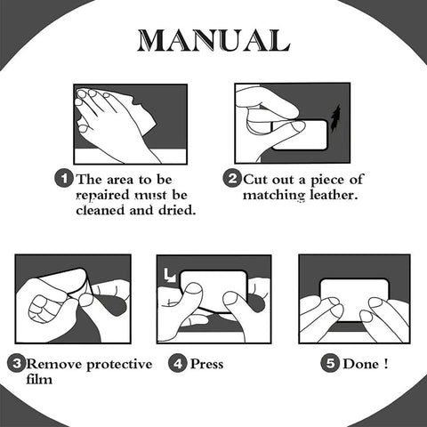 Instruction manual showing steps for applying Self Adhesive Leather Repair Patch 54x20 Inch Khaki Stick On No Sew.