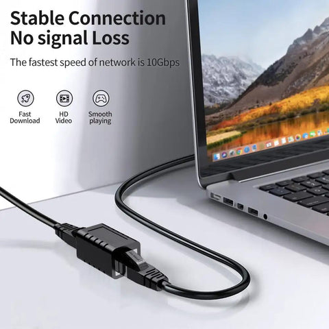 RJ45 Female To Female Ethernet Coupler In Line Patch Cord Extender Supports Cat7 Cat6 Cat5e Cat5 Networks Black 2 Pack connected to laptop