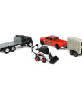 1/64 Scale Farm Toy Set with rollback truck, livestock trailer, pickup, cow, and skid loader five-piece farm equipment playset.