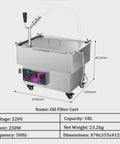 Commercial 18L Stainless Steel Deep Fryer Oil Filter Machine With Powerful 250W Motor For Restaurants And Food Trucks, side view, dimensions displayed.