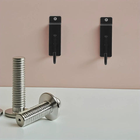 Heavy Duty 15 Pack Slatwall Hooks For Garage Storage And Tool Organization, displayed on wall with chrome bolts nearby