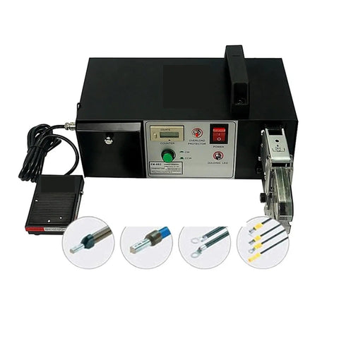 Heavy Duty Electric Terminal Crimping Machine Gets The Job Done Right With Seven Quick Swap Dies And Lightning Fast Motor For Secure Wire Connections On Flag And Insulated Terminals 220V, featuring controls and foot pedal.