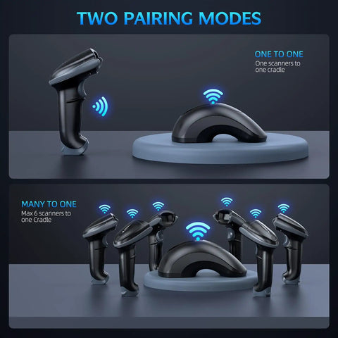 Bluetooth Barcode Scanner With USB Charging Cradle 1D 2D QR Reader For iOS Android Windows Mac OS Long Range Bluetooth 5.0 Omnidirectional Scanning Hands Free No Fuss Use And Tool Free Battery Replacement