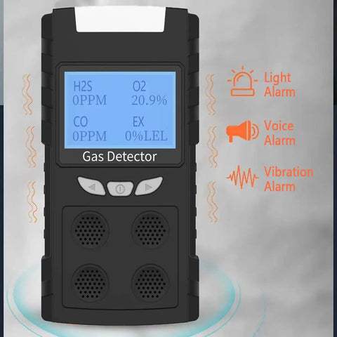 Four Gas Portable Gas Detector with LCD display showing gas levels, featuring light, voice, and vibration alarms for safety.